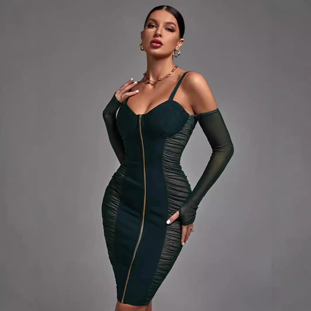 Mesh See-Through Off Shoulder Spaghetti Hollow Out Tied Pleated Dress