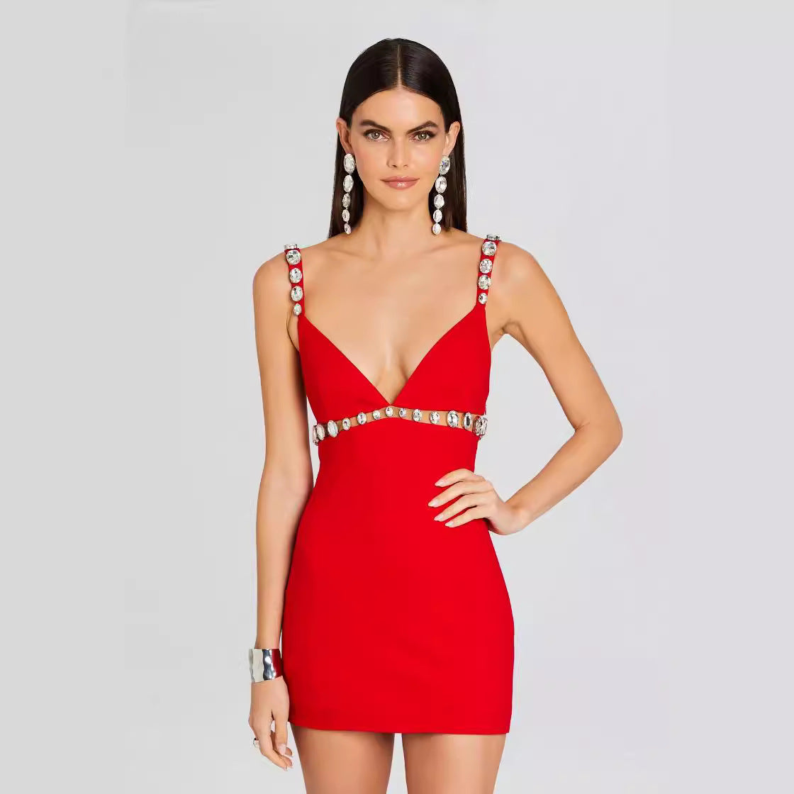 Women's V-Neck Bandage Dress Suspenders Skinny bodycon