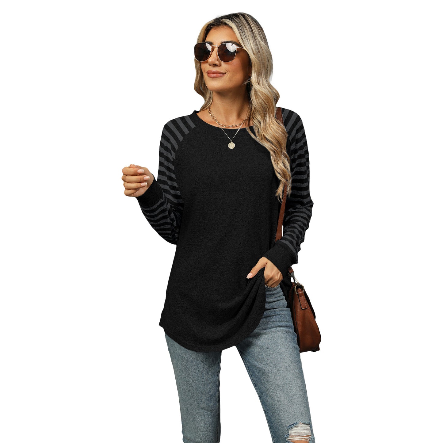 New contrast color striped patchwork round neck long-sleeved T-shirt dovetail top for women