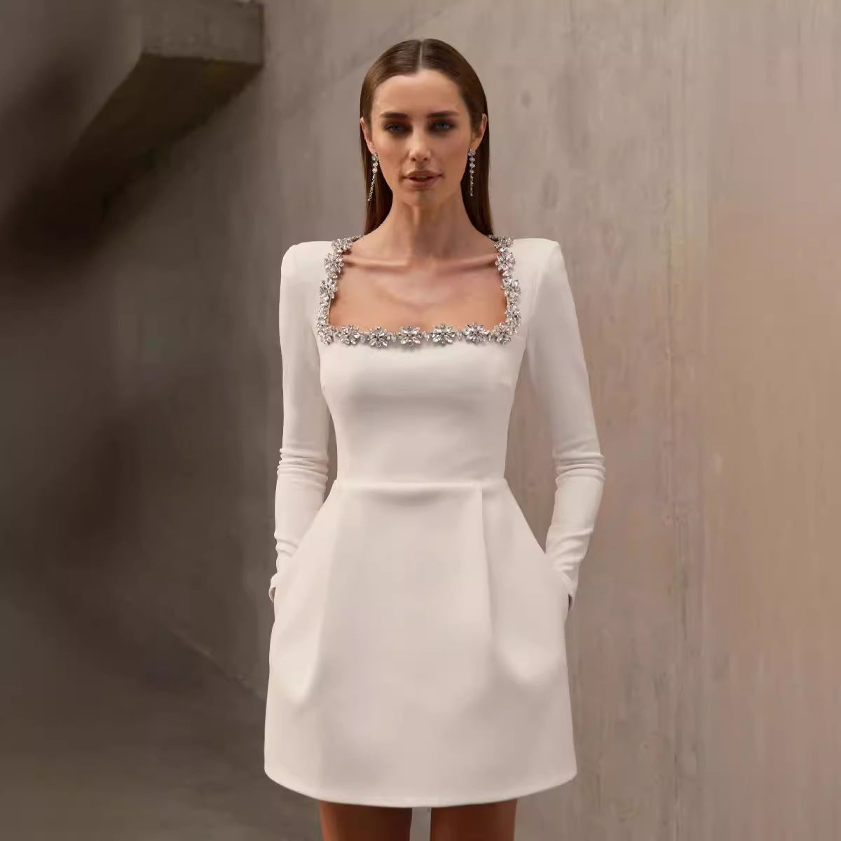 White Square Neck Diamond Studded Long Sleeved Bandage Dress