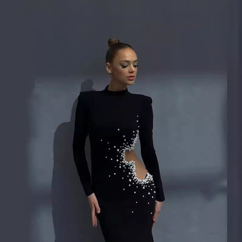 Evening Gown Beaded See-Through Long Sleeve Bodycon Bandage Dress