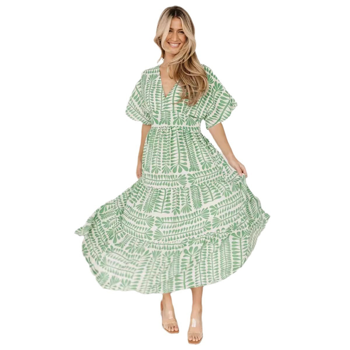 Long retro skirt striped 2024 bohemian new high waist short sleeve printed dress women's blouse