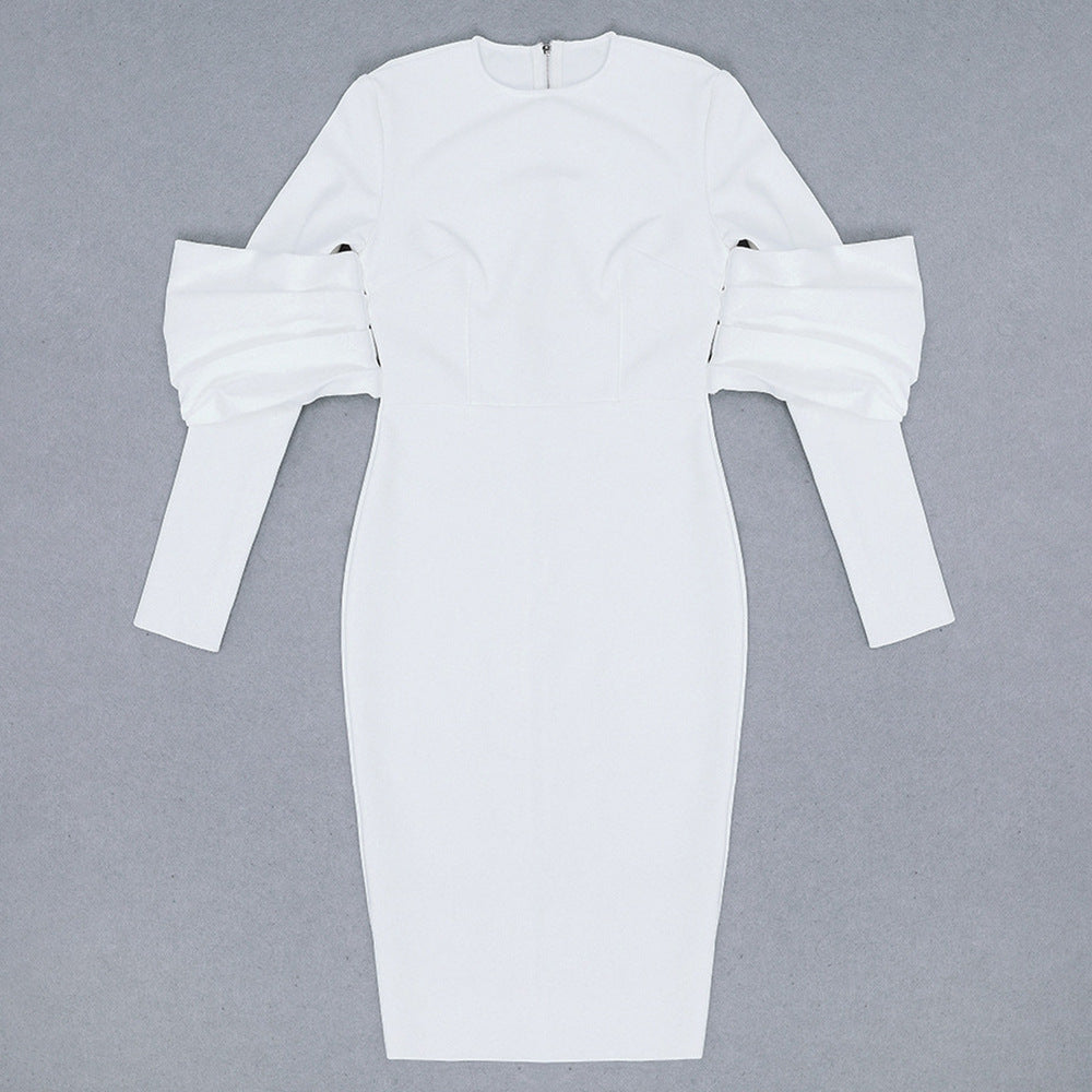 Elegant Women White Long Sleeve Party Evening Midi Dress
