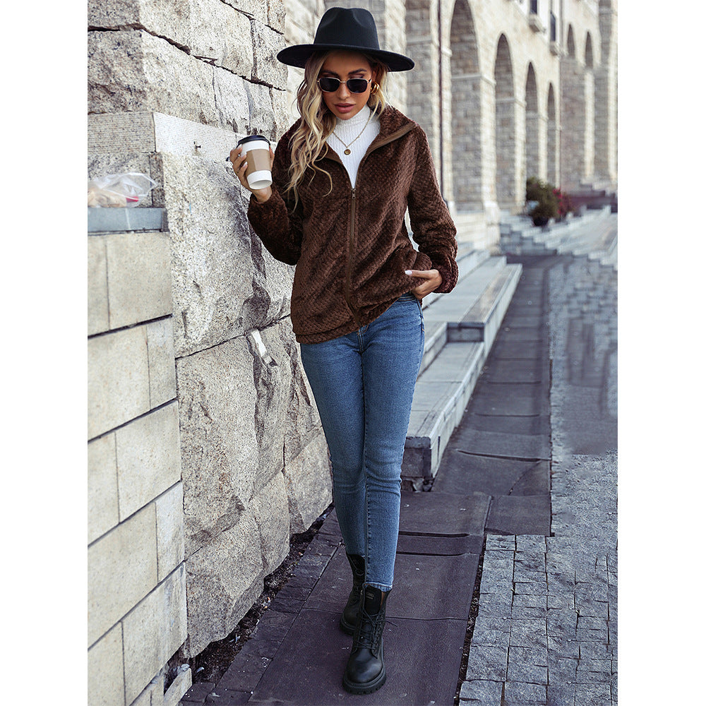 Autumn winter women's wear lapel long sleeve mercerized zipper mid-length Babe cashmere casual jacket