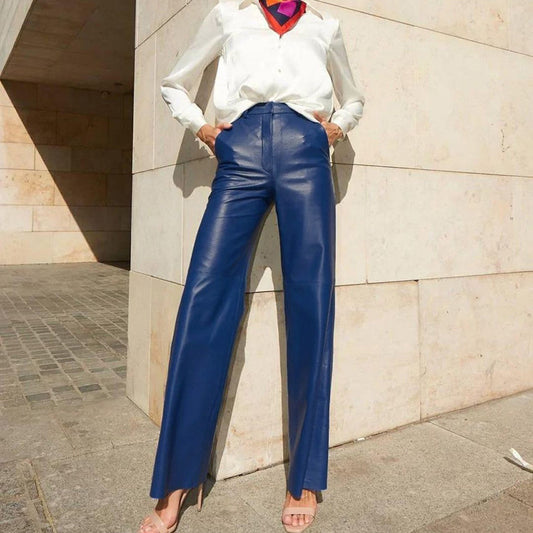 Autumn fashion PU leather mid-high waist hip lifting straight women's casual pants length leather pants