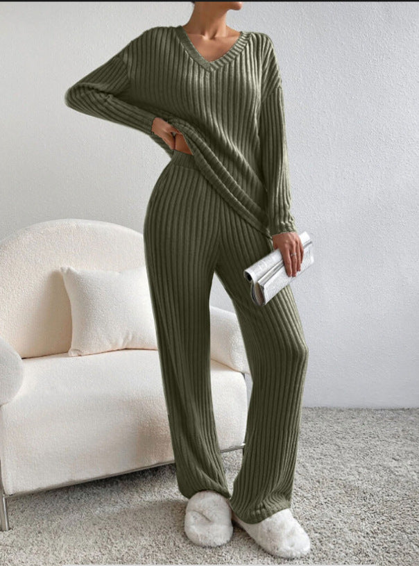 Autumn new fashion casual straight-leg pants temperament loose V-neck pit strip knitted cover