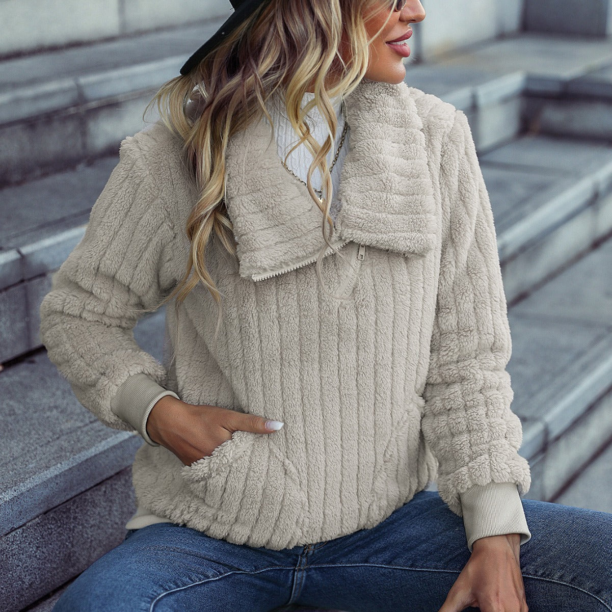 Autumn and winter women's round neck long sleeve pullover short zipper sunken stripe mid-length casual plush sweater