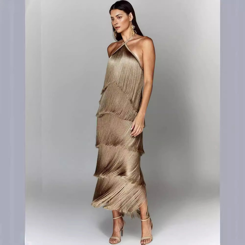 Fashion neck fringed backless slit dress
