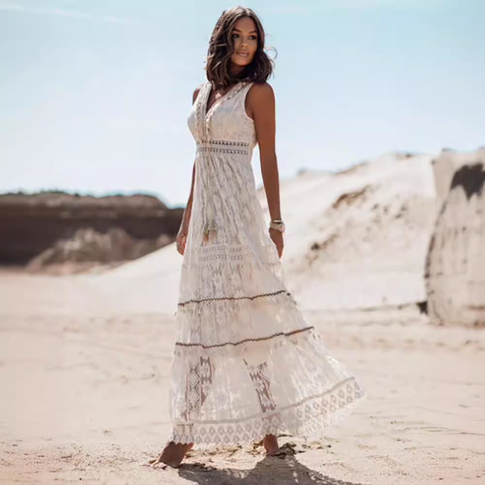 Summer temperament bohemian long dress lace stitching big swing dress