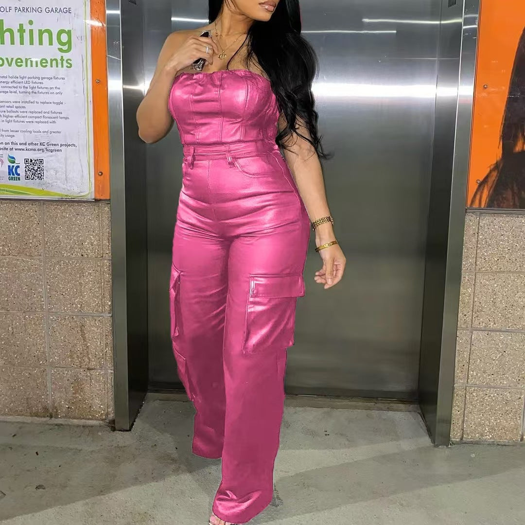 Sexy off-the-shoulder tube top tight-fitting waist PU leather jumpsuit