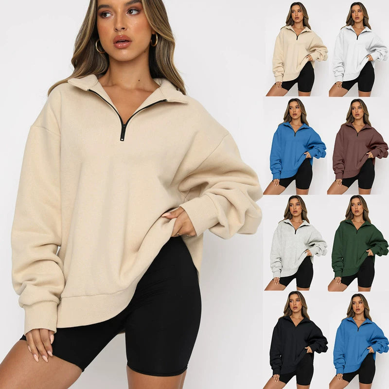 Autumn winter casual loose women hoodie zipper pullover sweater