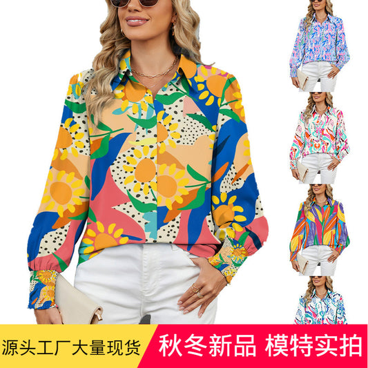 Women's autumn and winter new long-sleeved printed top lapel lantern sleeve shirt