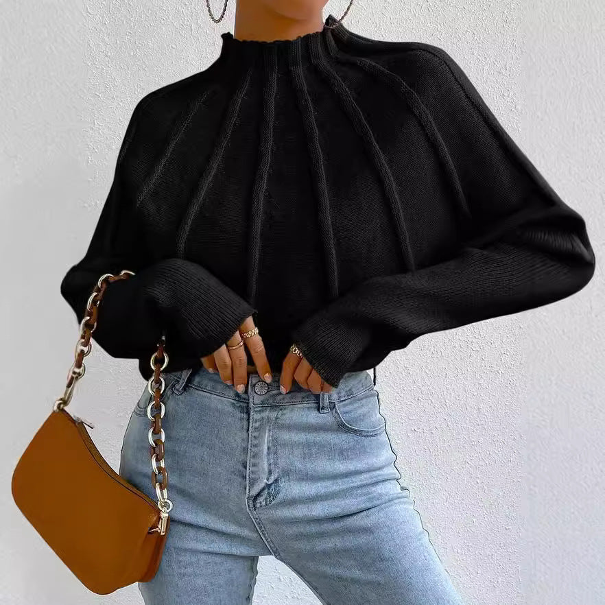 New half turtleneck pure color all-matching knitted pullover batwing-sleeve sweater outerwear women