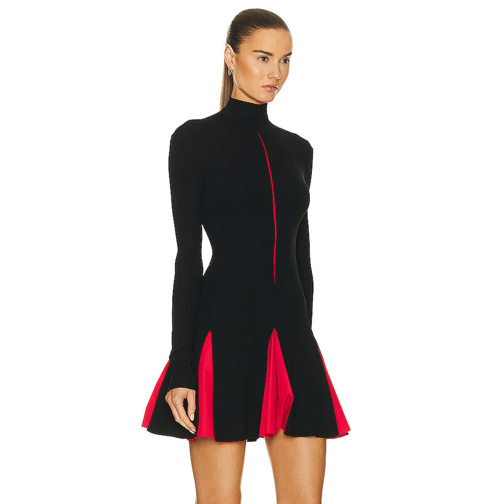 Sexy Turtleneck Long Sleeve Contrast Color Elegant Pleated Bandage Dress