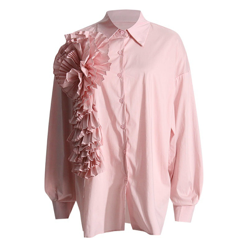 Spring 2024 New French fashion design stitching pleated three-dimensional flower versatile casual shirt long sleeve top