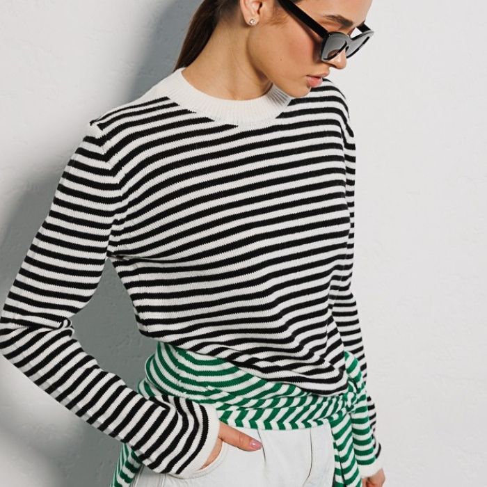 Striped sweater autumn thread contrast color round neck pullover women's knitted striped top