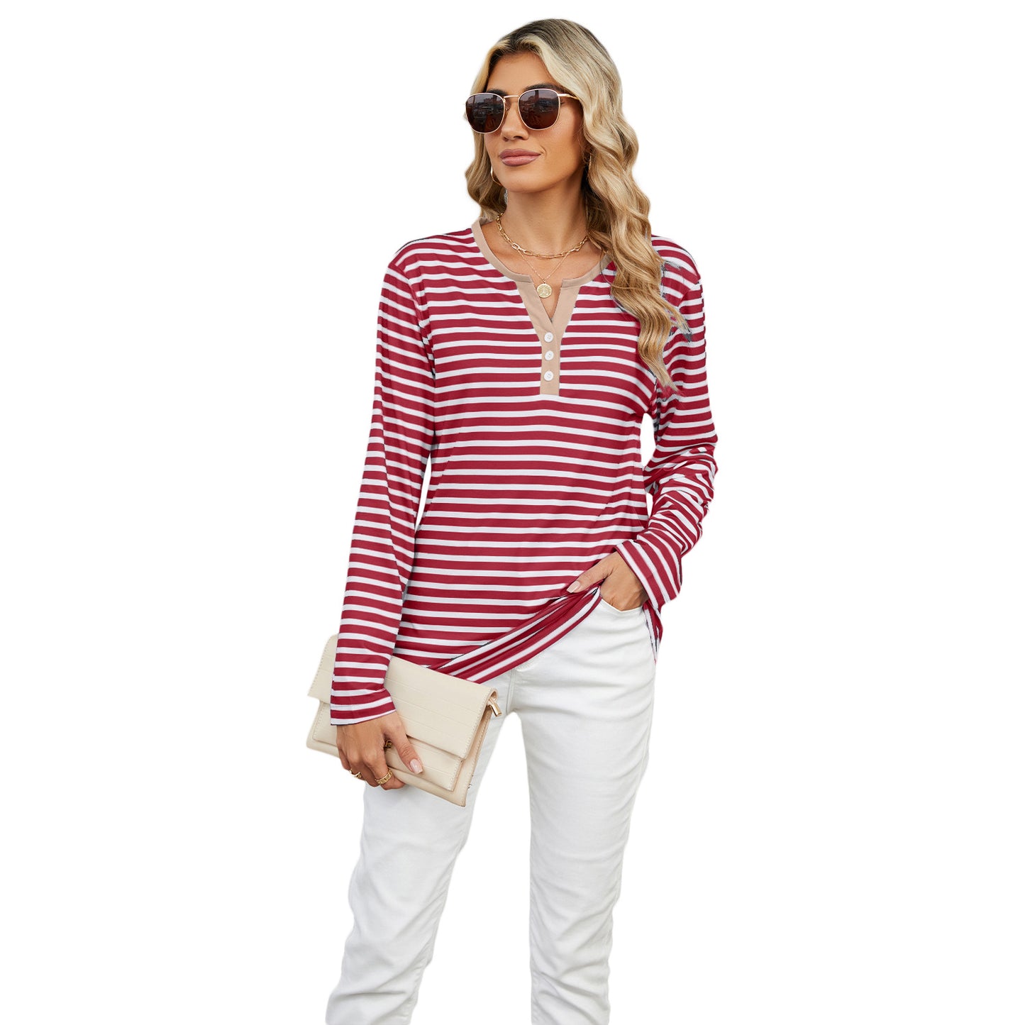 Autumn and winter New V-neck contrast color striped loose long sleeve women's T-shirt tops