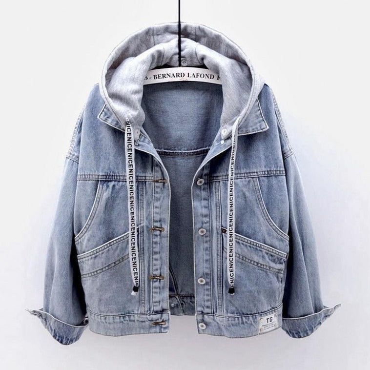 New Korean version hooded denim jacket women's short fashion big pocket jacket