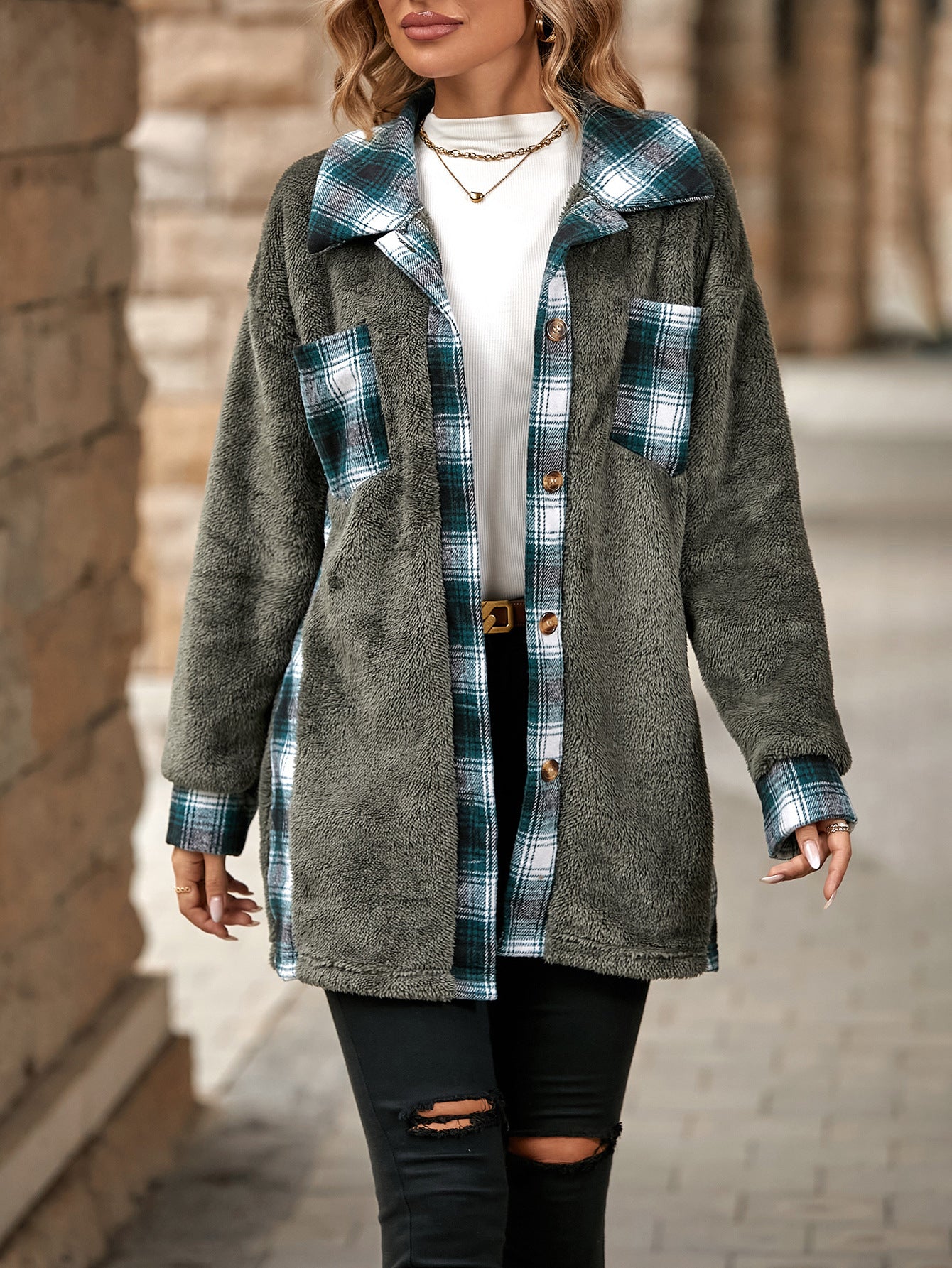 Women's autumn and winter New single-breasted lapel mid-length Plaid plush coat