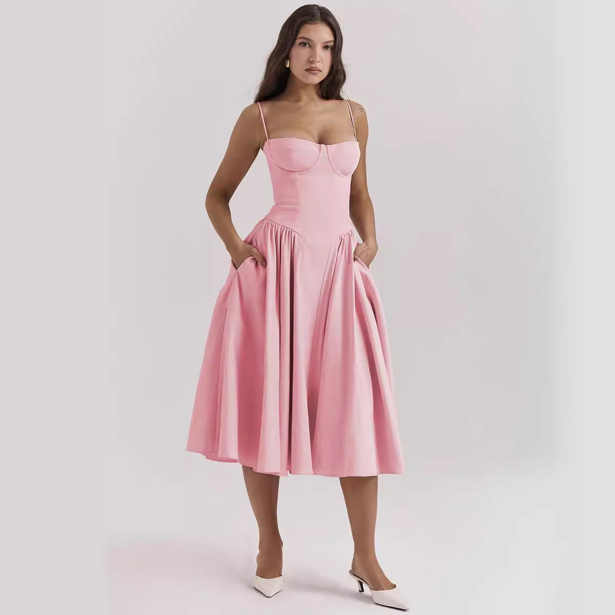 Summer new French retro long dress court style dopamine wear with suspender dress