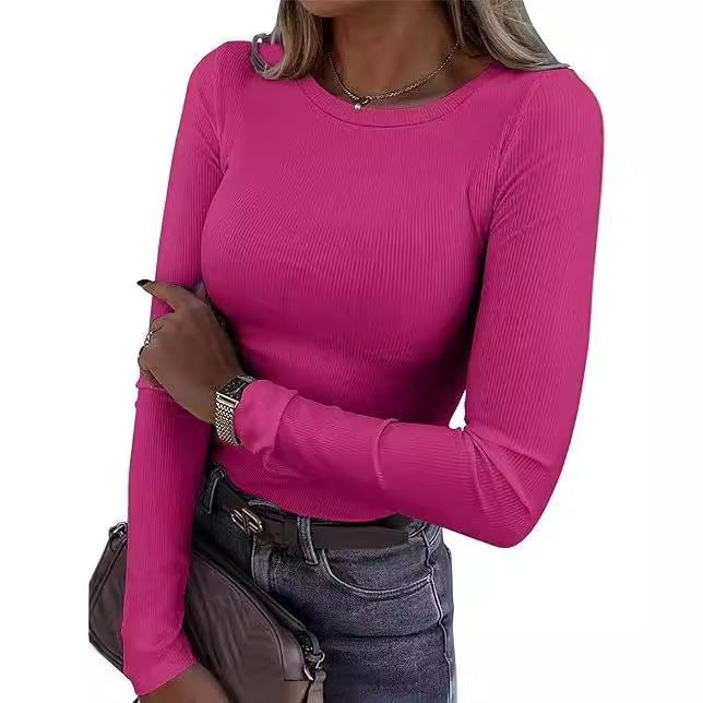 New women's long-sleeved round neck ribbed stretch T-shirt Slim fit casual bottoming solid color top