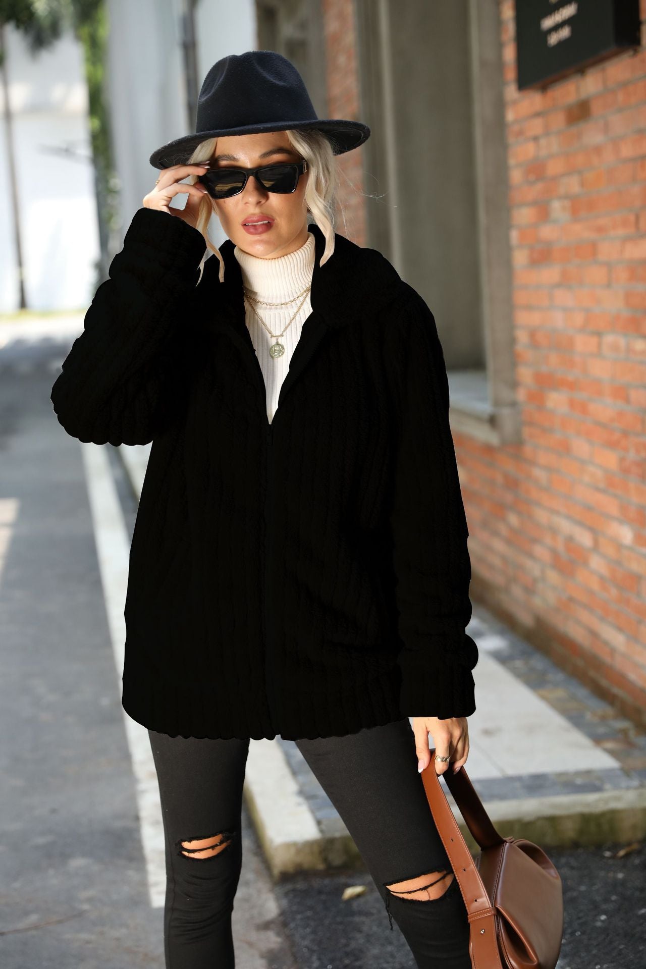 Women's lapel sunken stripe long-sleeve zipper solid color mid-length double-sided plush coat