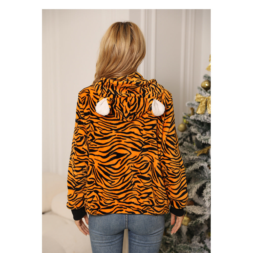 Autumn winter women's wear hooded long sleeve loose zip animal pattern flannel casual coat