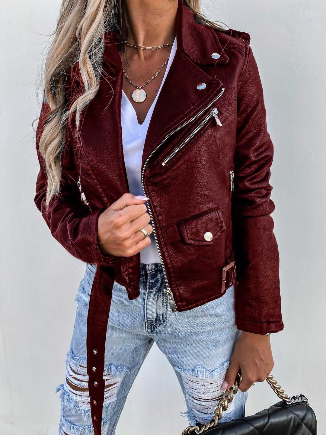 Women's New 2024 jacket PU leather coat motorcycle short zipper