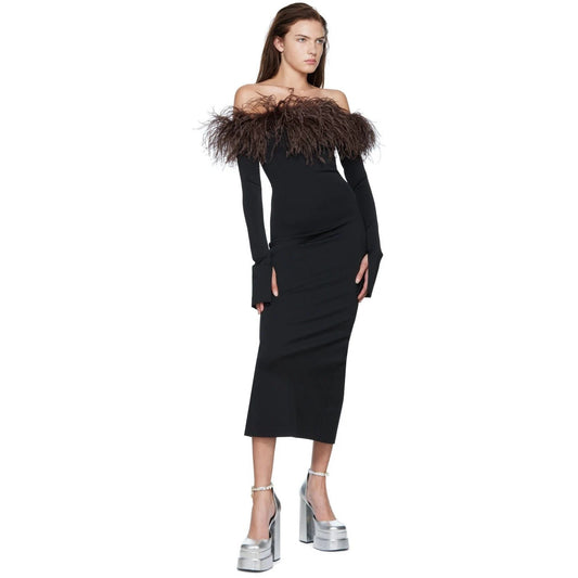 Ostrich Feather Black Long Sleeve Off-Shoulder Bandage Dress