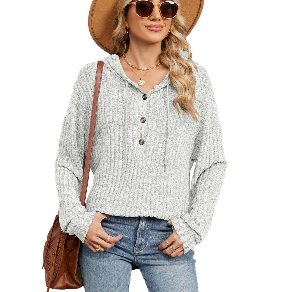 Autumn and Winter new solid color hooded button loose long sleeve sweatershirt women's clothing