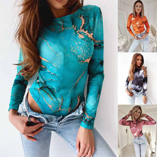 Spring and summer long sleeves sexy jumpsuit women's vintage printed tie-dye top