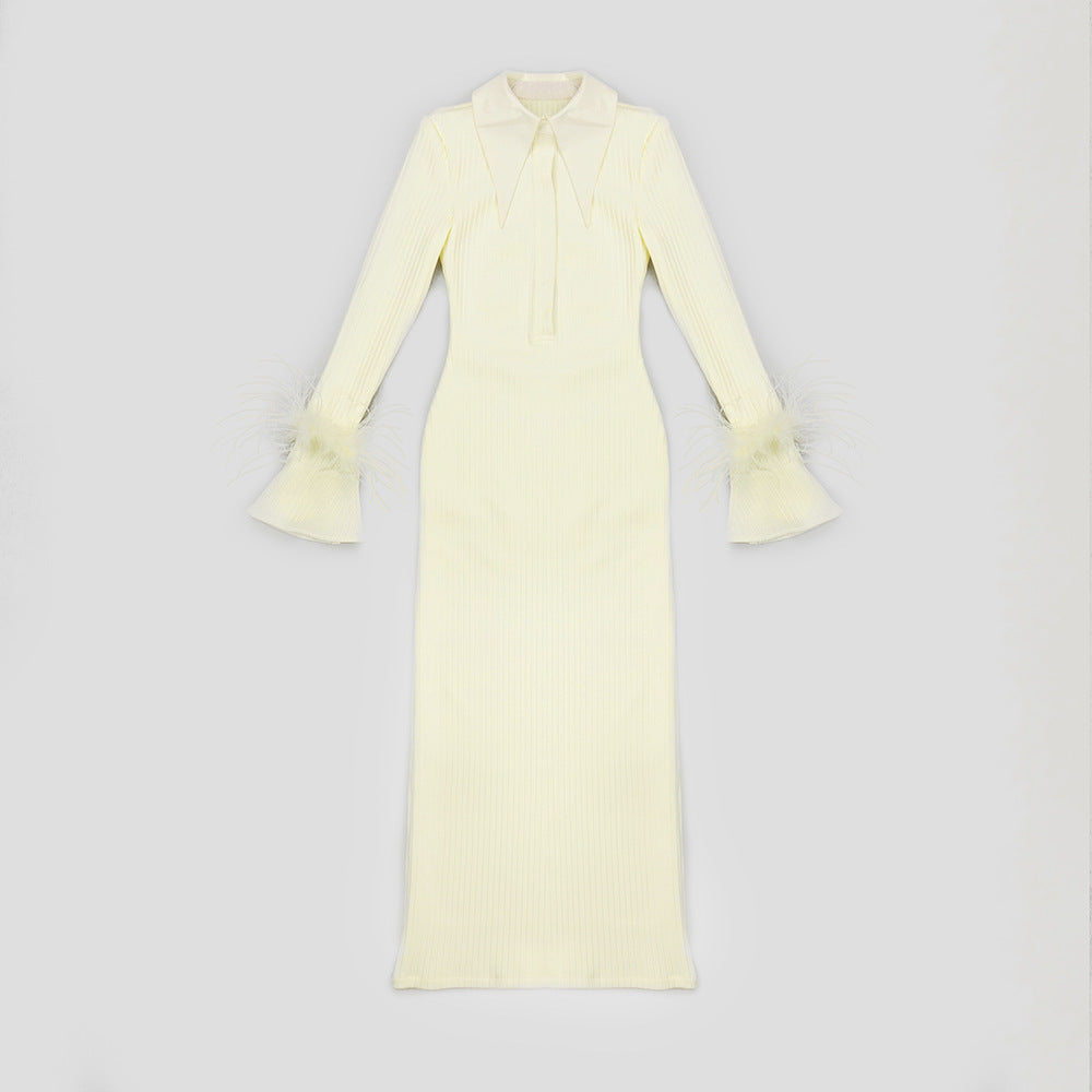 Polo Collar Long Sleeve Feather Stitching Long Evening Dress