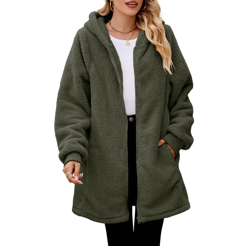 Winter loose plush women's long sleeve hooded zip cardigan coat