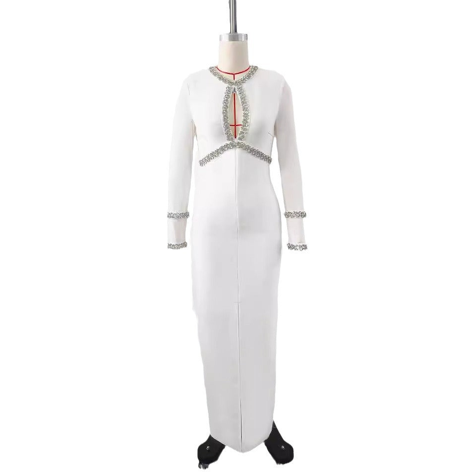 Autumn Winter Diamond Studded Hollow Waist Bandage Dress