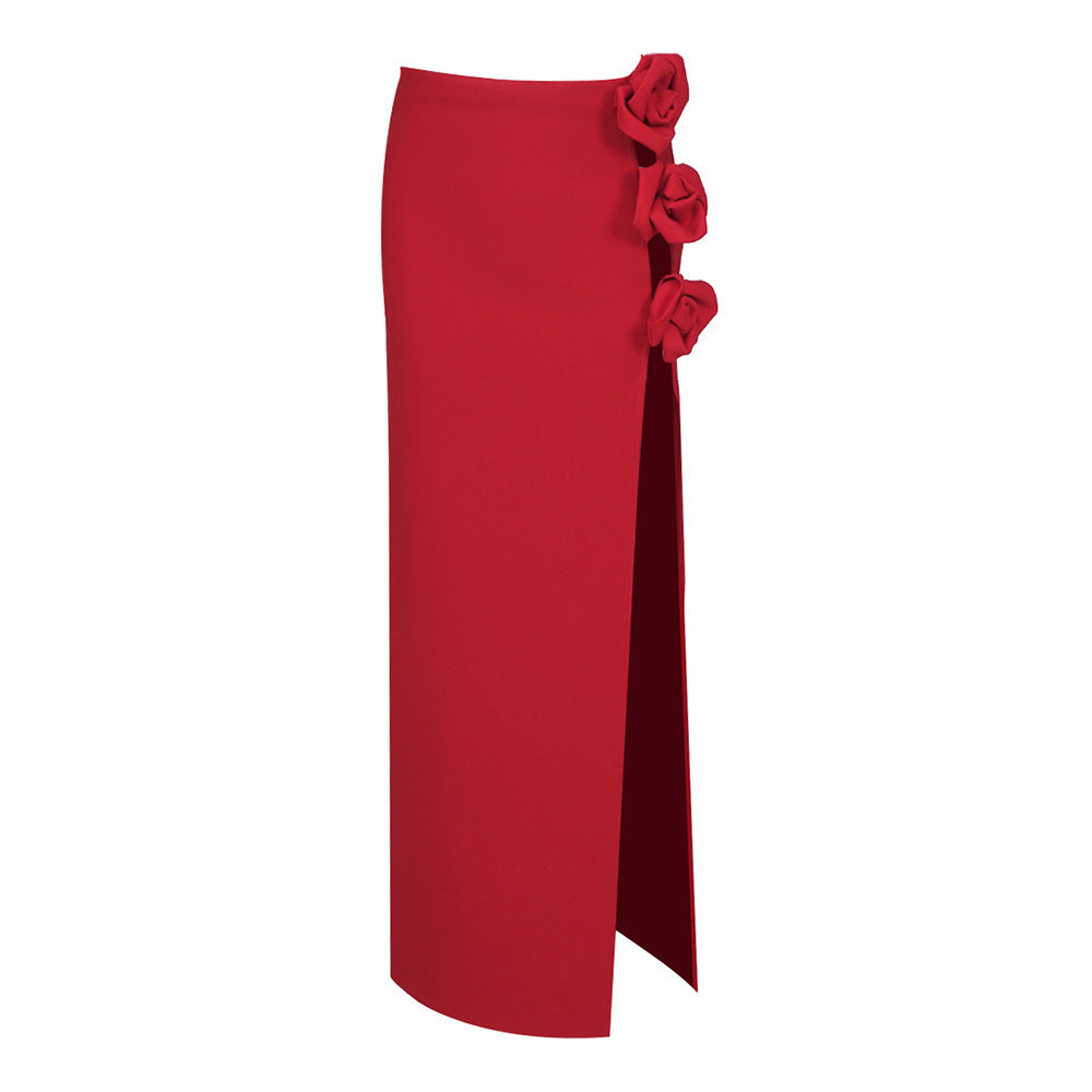 Rose Red High Slit Bandage Skirt For Women