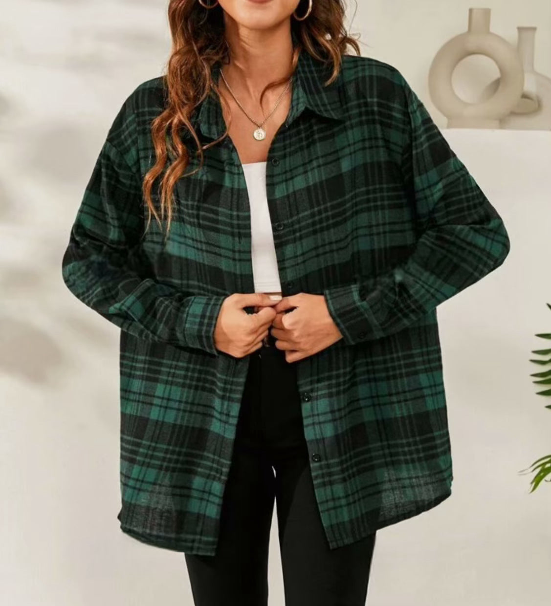 New foreign trade European and American women's shirt lapel single-breasted long-sleeved plaid shirt