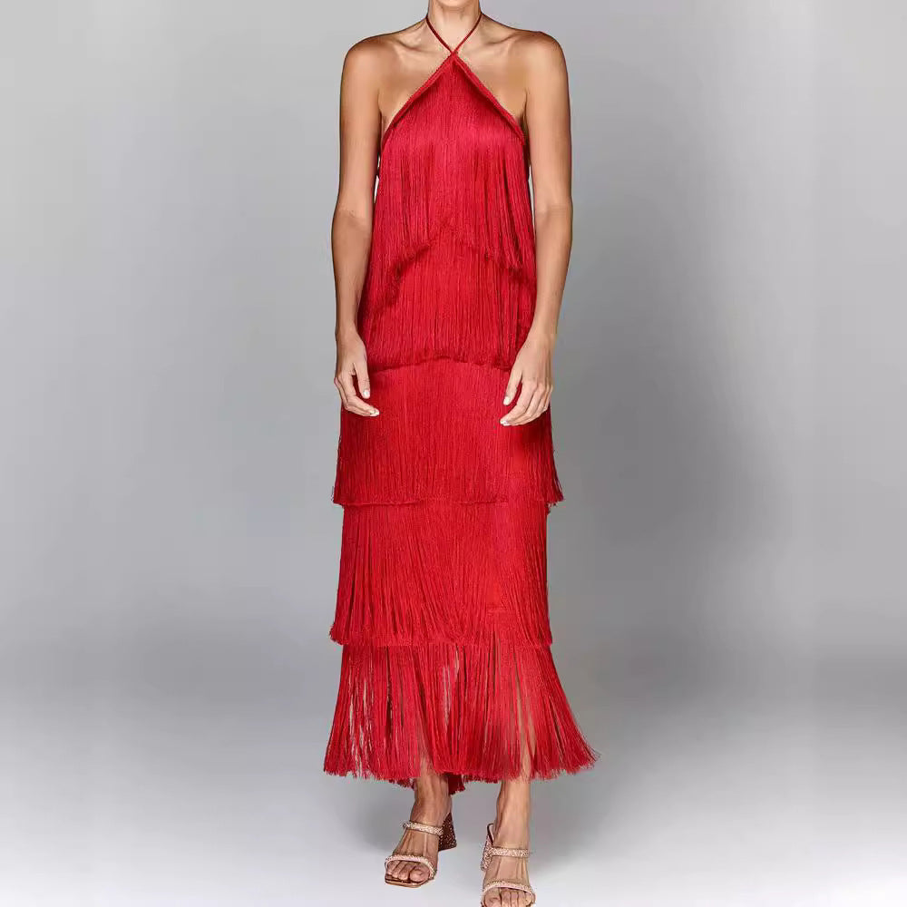 Fashion neck fringed backless slit dress