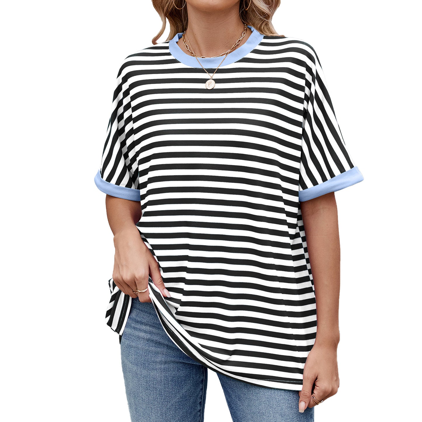 Spring and summer new striped contrasting color round neck loose short-sleeved T-shirt top women