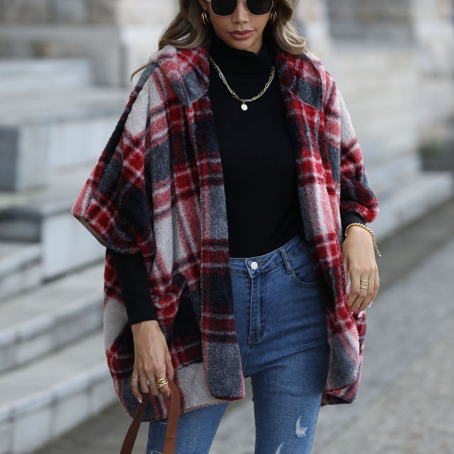 New casual plush women's hooded five-quarter sleeve loose plaid buckle-free coat