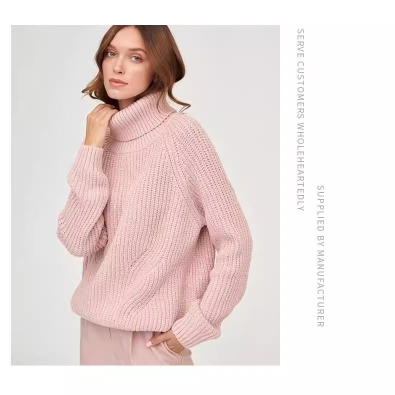 Women's turtleneck sweater knitted loose thickened autumn and winter solid color casual mid-length pullover top