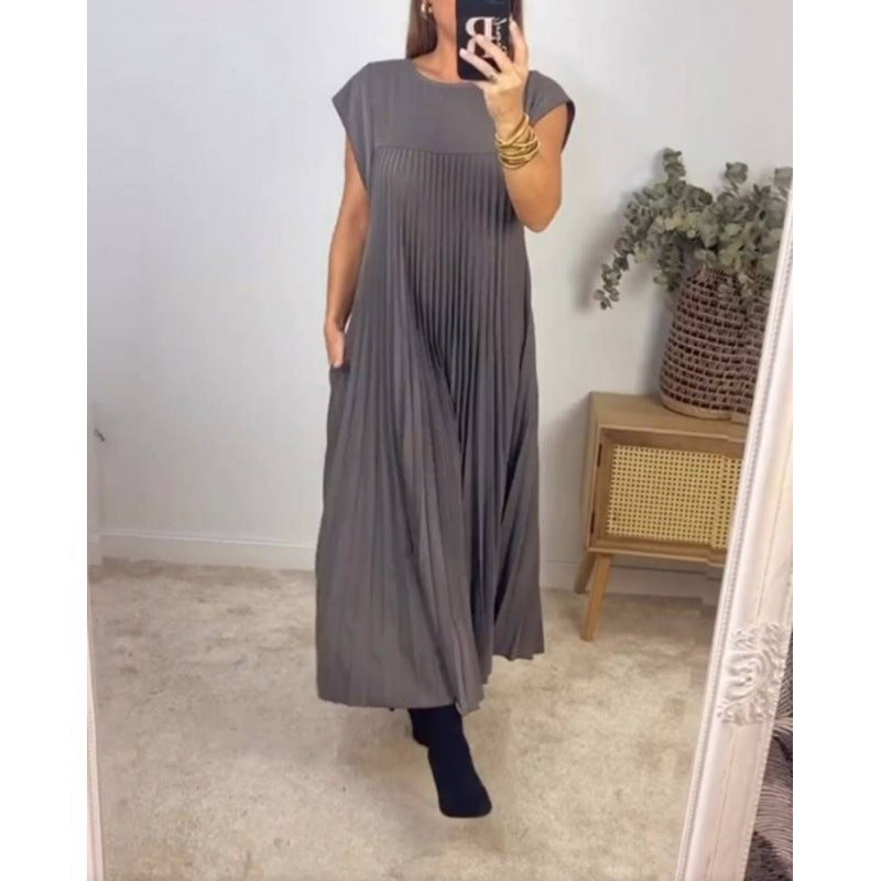 New dress elegant and fashionable round neck sleeveless pleated long dress