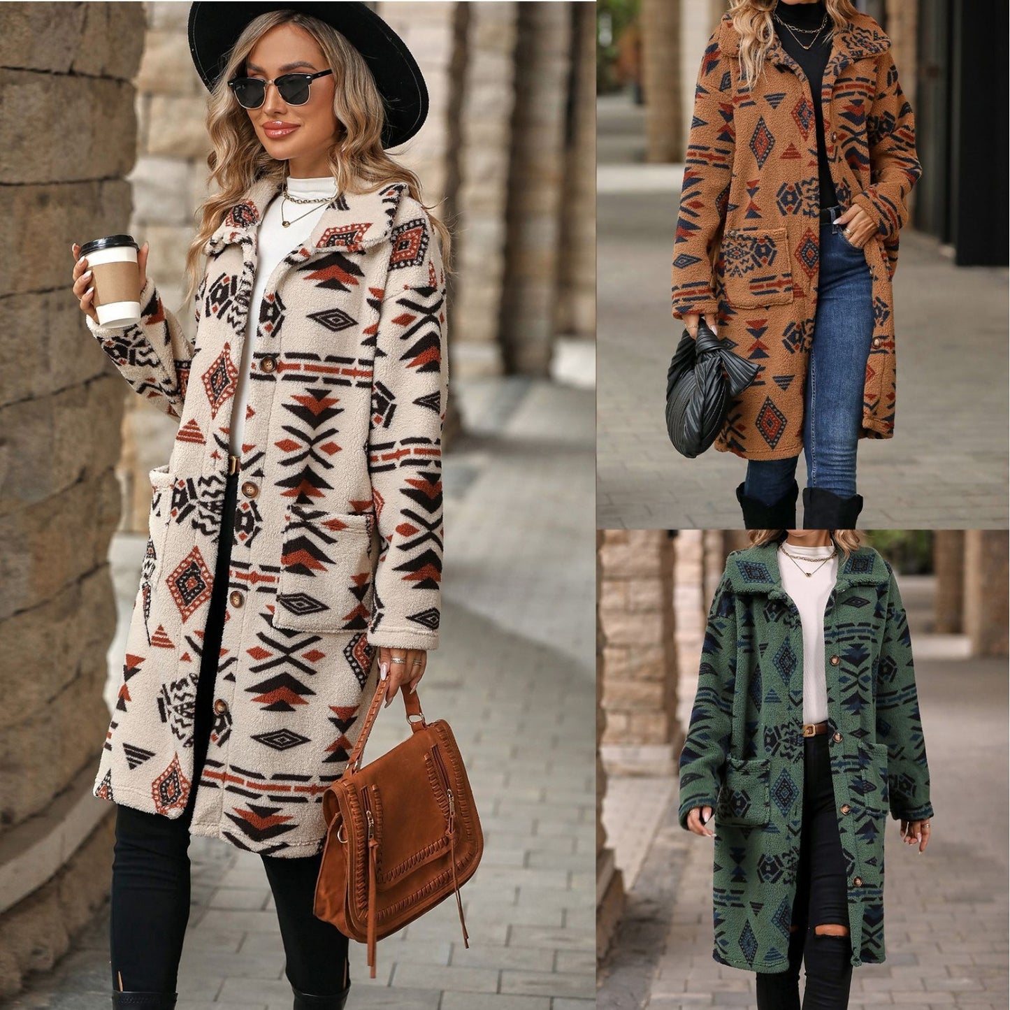 boho autumn and winter women's single-breasted ethnic print plush long overcoat outerwear（2025）