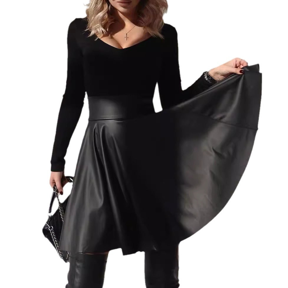 Women's skirt autumn and winter New High waist big swing PU leather umbrella skirt