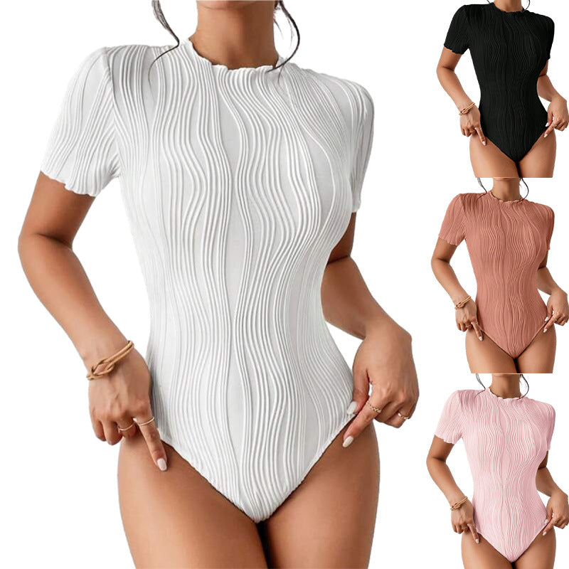 Women's Short Sleeve Ripple Textured onesie Sexy Top