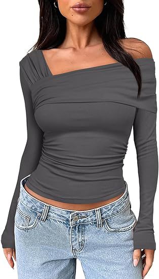 2024 spring and autumn Women's One shoulder long-sleeved top pleated out slim y2g T-shirt