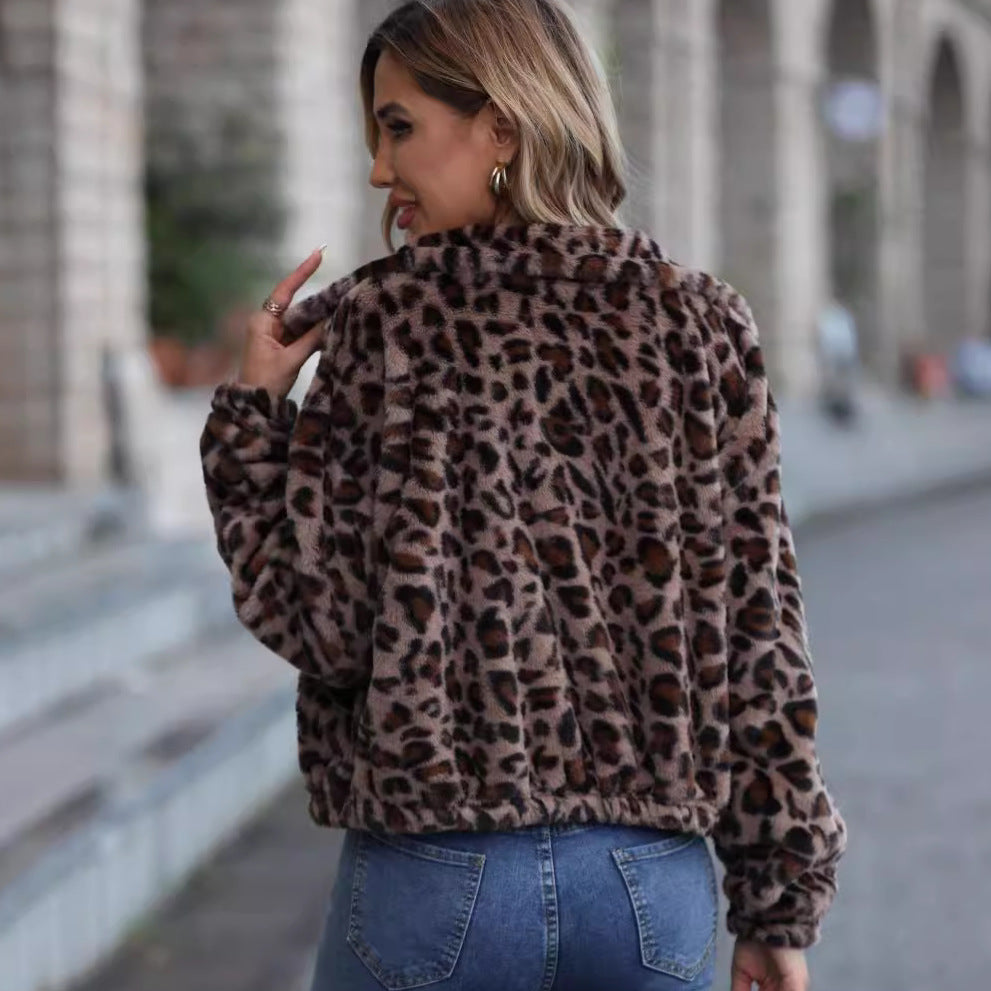 Women's autumn and winter New loose zip long-sleeved leopard plush coat