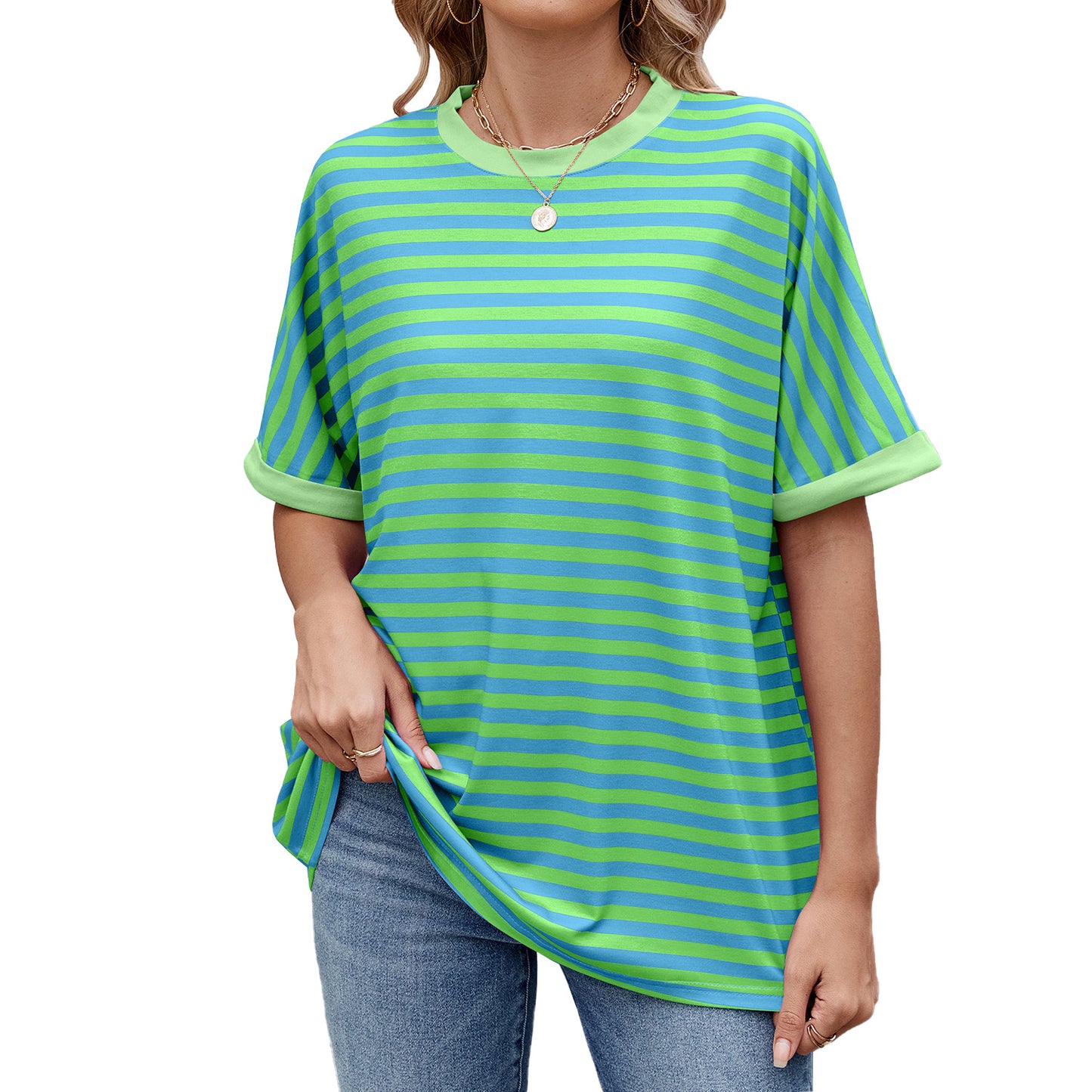 Spring and summer new striped contrasting color round neck loose short-sleeved T-shirt top women