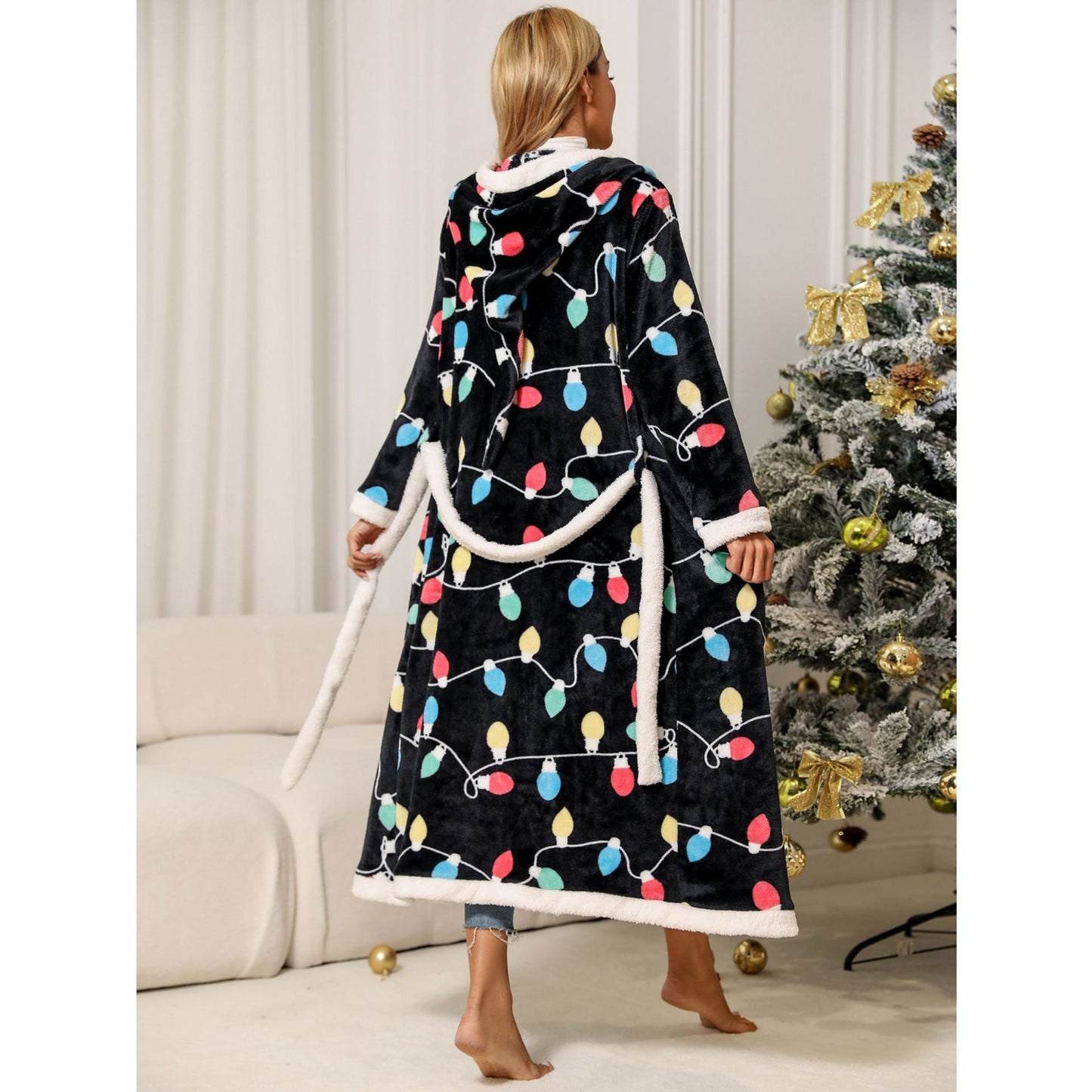 Autumn and winter women's long-sleeved trousers home leisure breathable Hood flannel Christmas style nightgown