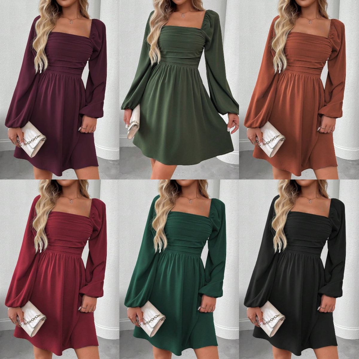 Women's Elegant Solid Color Lantern Long Sleeve Pleated High Waist Dress