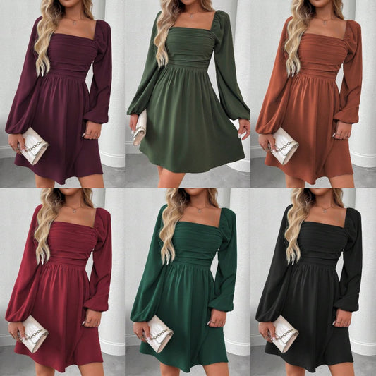 Women's Elegant Solid Color Lantern Long Sleeve Pleated High Waist Dress